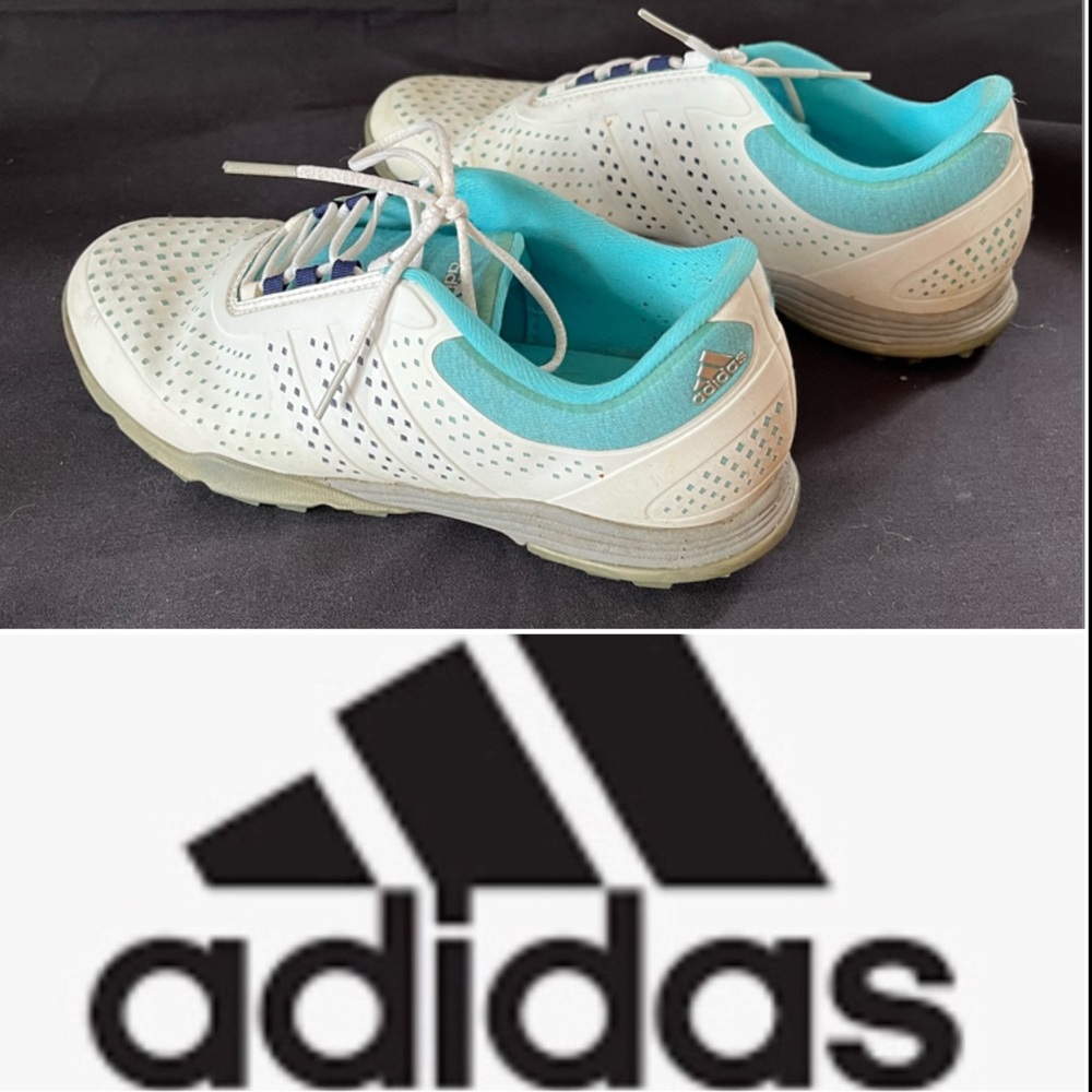 EUC Adidas women's spike-less golf shoe white/ blue/gray size 7.5